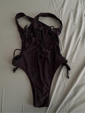 Lace-Up One-Piece Swimsuit in Deep Plum